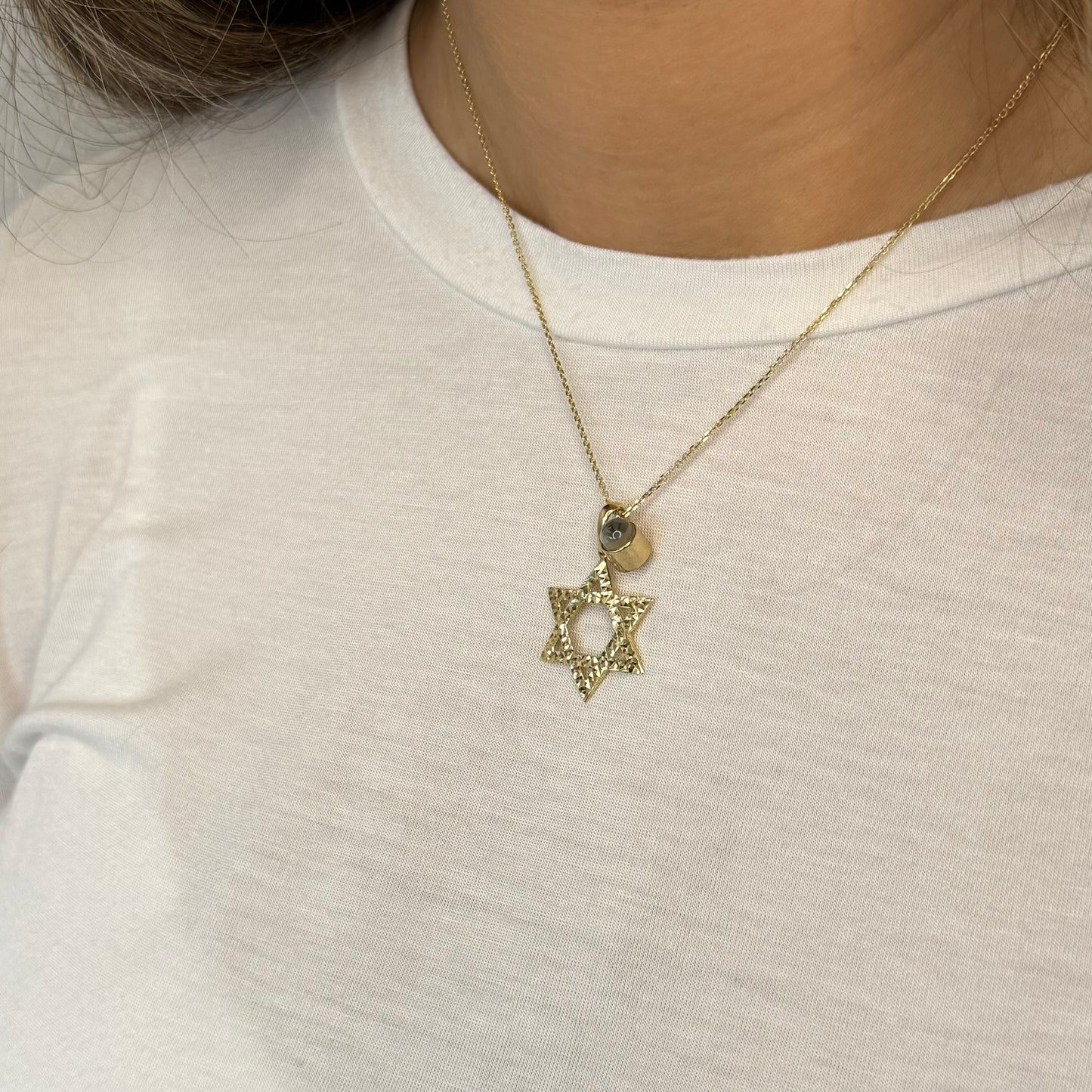 שרשרת מגן דוד מרוקע עם צ׳ארם התמונה המוצפנת זהב מלא